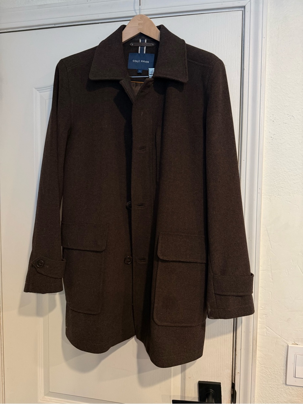 Cole Haan Dark Brown Wool Blend Pea Coat